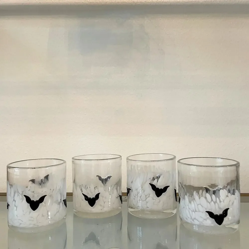 Set of 4 BLACK BAT Double Old Fashioned Glasses 4in Halloween Barware New